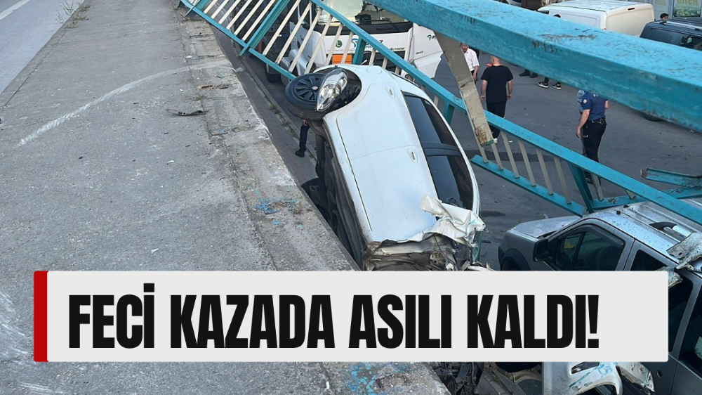 Korkulukları yıkan otomobil duvarda asılı kaldı, sürücü burnu bile kanamadan kurtuldu